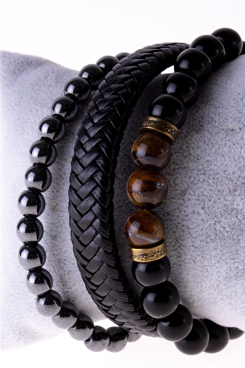 Men's Set of 3 Tiger's Eye Leather and Natural Stone Bracelets - Black #360936