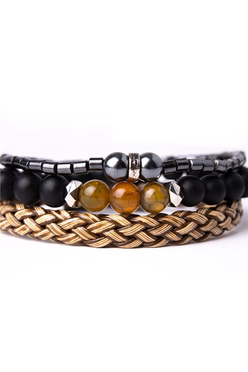 Men's Set of 3 Leather and Natural Agate Stone Bracelets 10003 - Brown-Black #360940