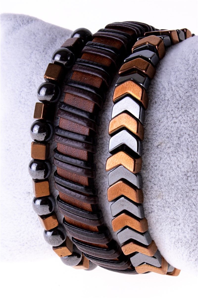 Men's Hematite Natural Stone Bracelet Set - Grey-Orange #364326
