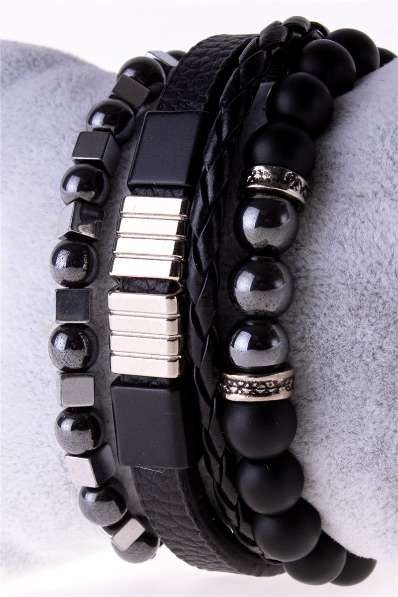 Unisex Set of 3 Leather and Natural Hematite Stone Bracelets - Black-Grey #360942