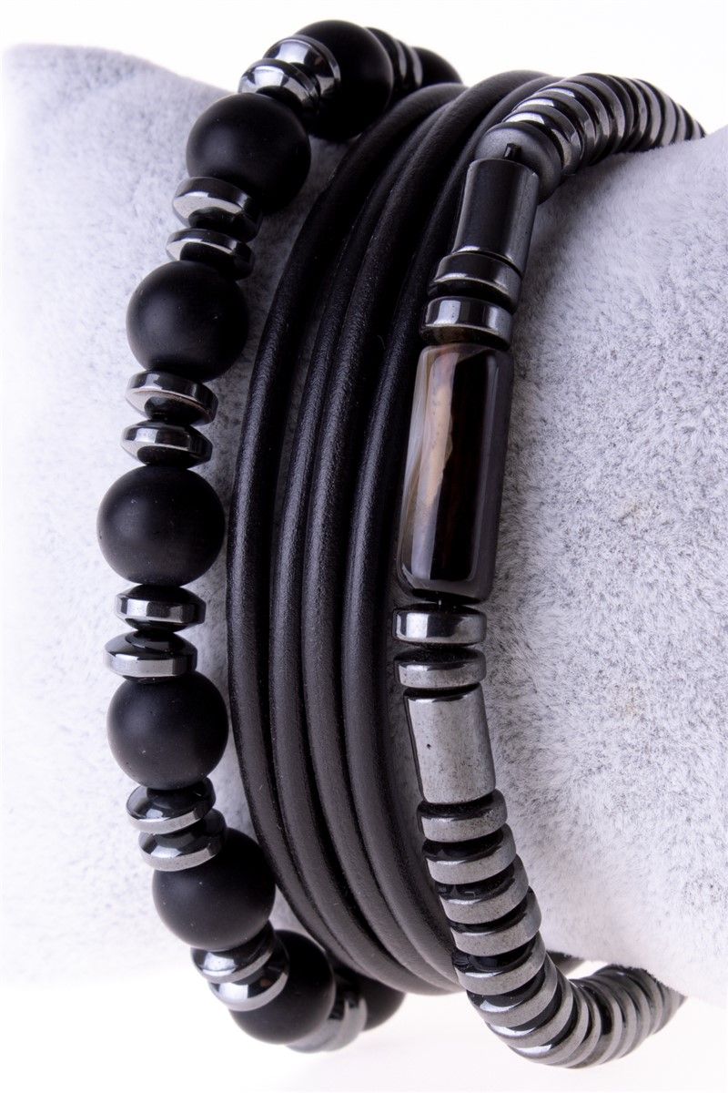 Men's Hematite Leather & Natural Stone Bracelet Set - Black #364327