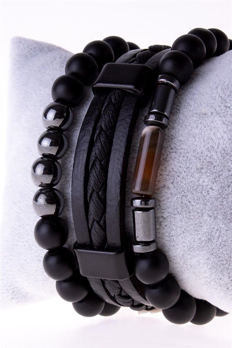 Unisex Set of 3 Leather and Natural Hematite Stone Bracelets - Black #360944