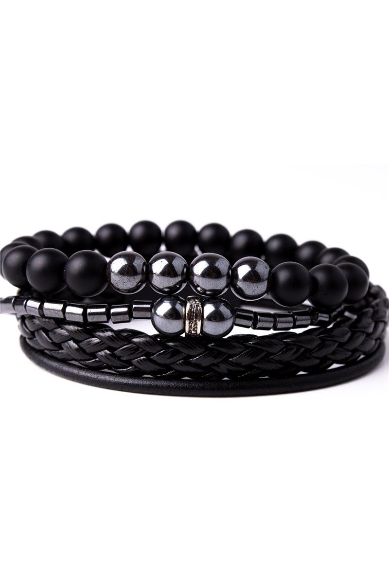 Men's Set of 3 Leather and Hematite Natural Stone Bracelets - Black #360945