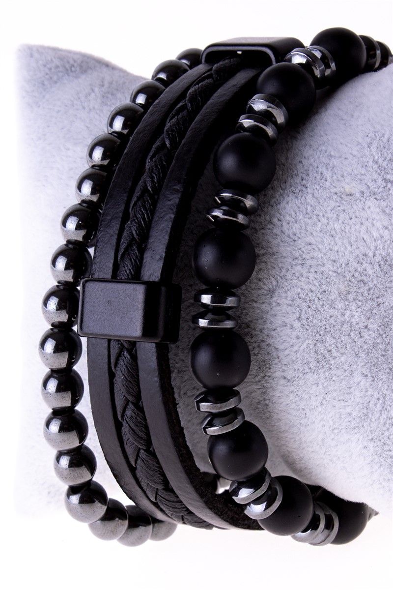 Men's Set of 3 Leather and Natural Hematite Stone Bracelets - Black #360941