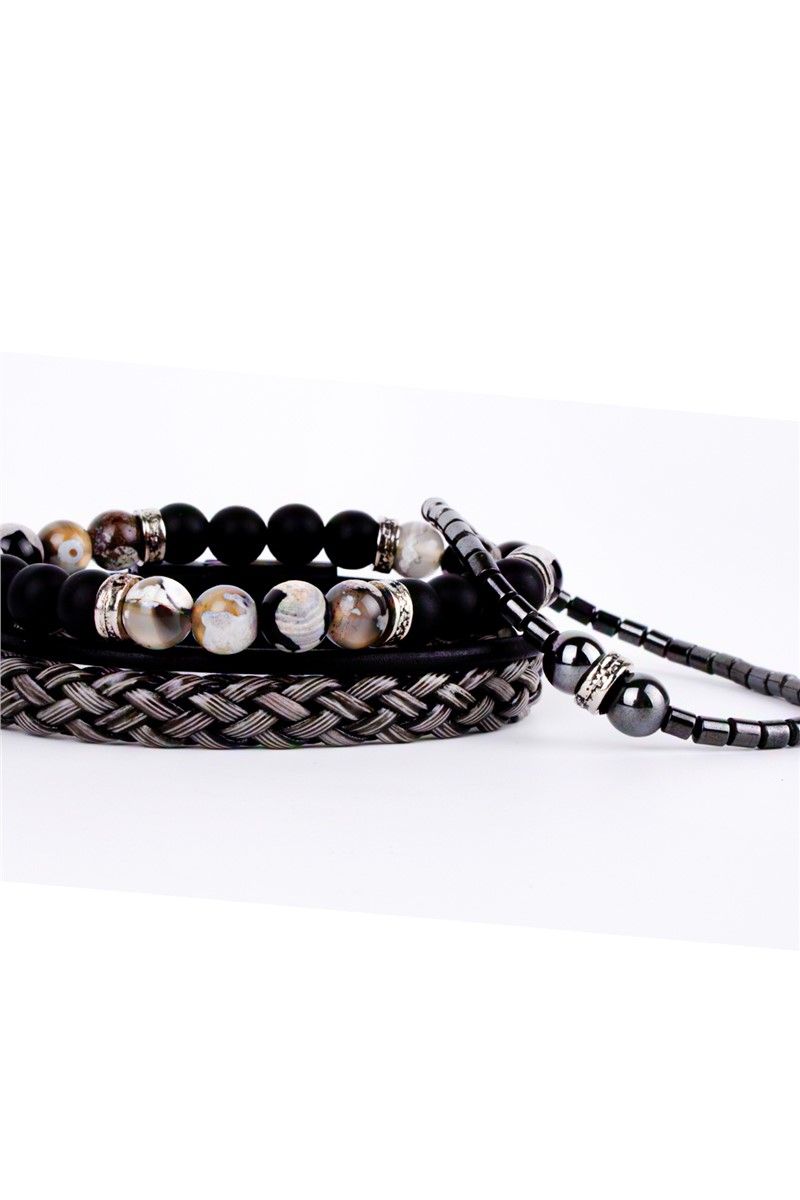 Unisex Set of 3 Leather and Natural Hematite Stone Bracelets -Beige-Black #360949