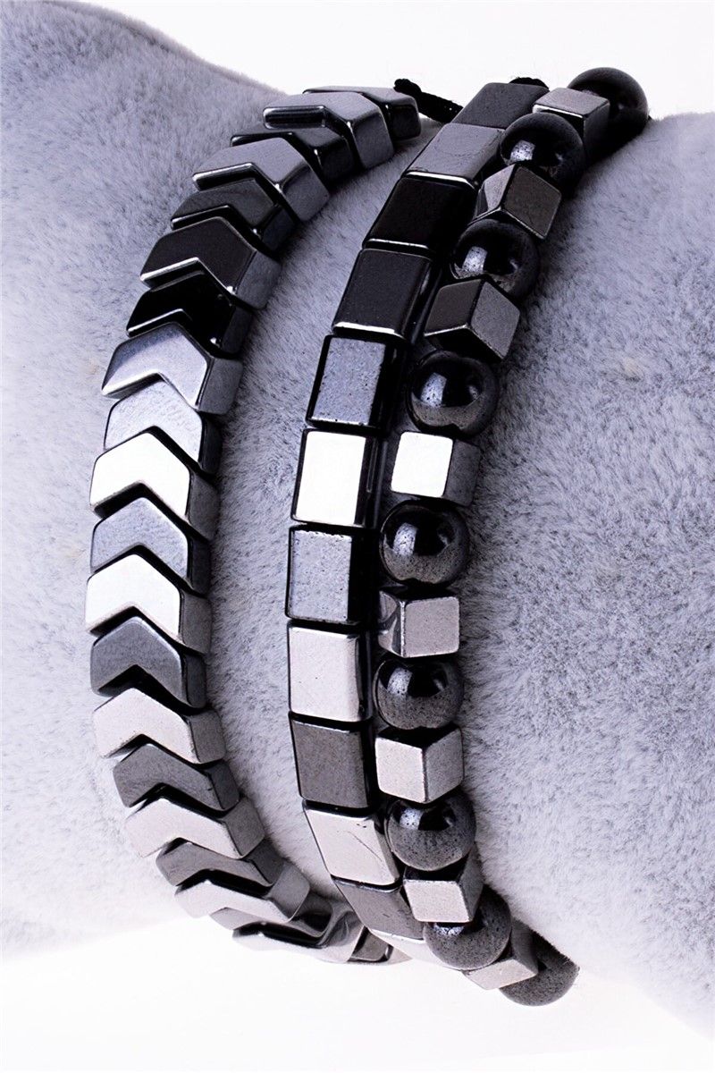 Men's Set of 3 Hematite Natural Stone Bracelets - Gray #360798