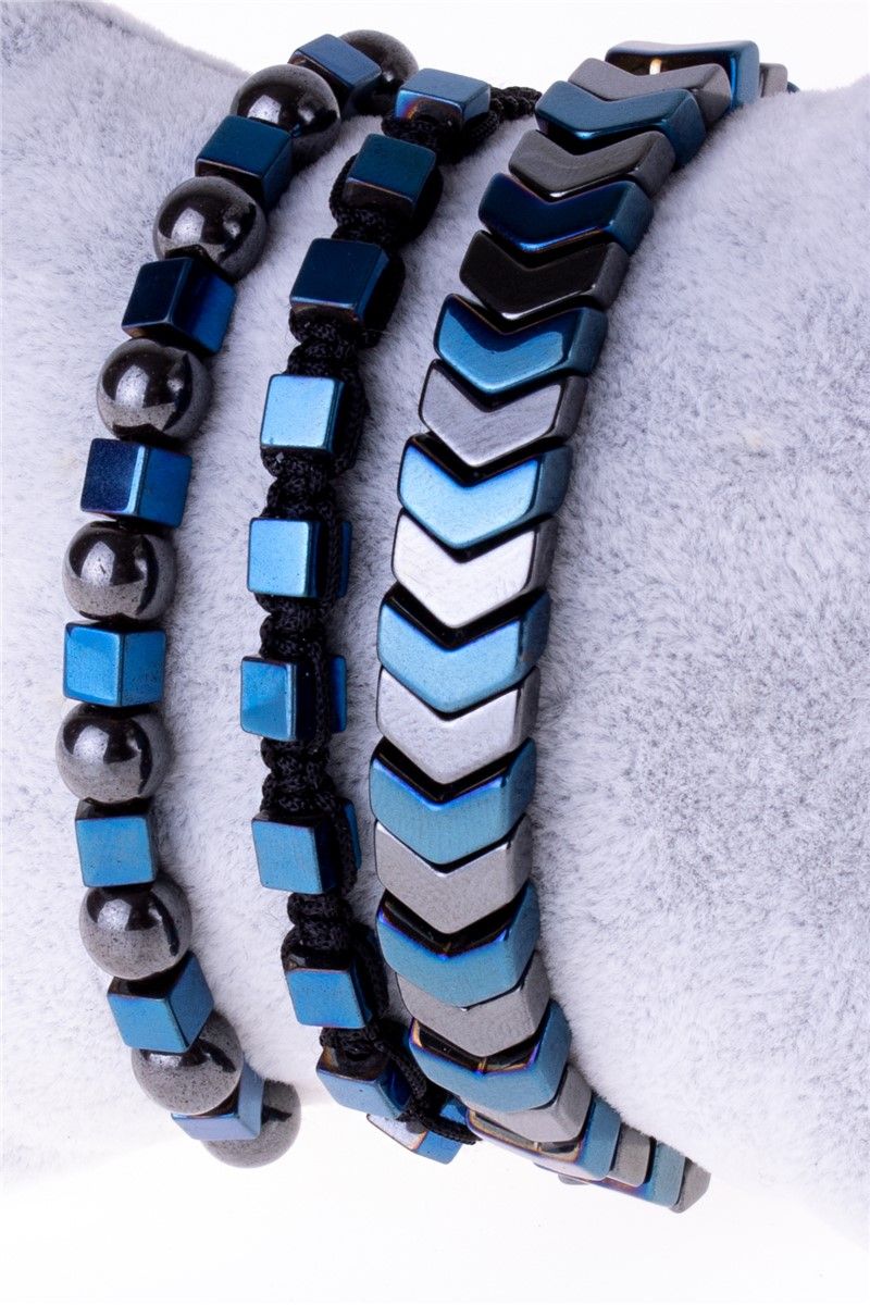 Unisex Set of 3 Hematite Natural Stone Bracelets - Blue #360799