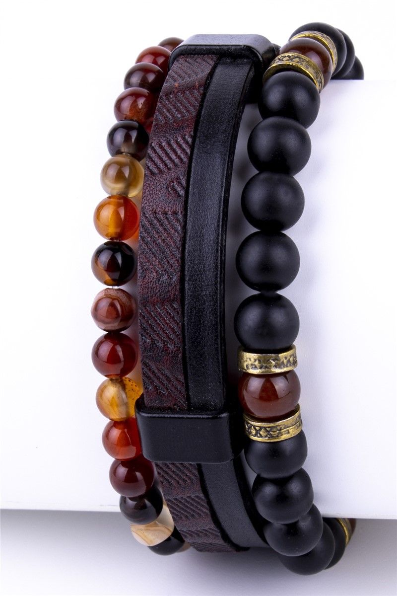 Men's Set of 3 Leather and Natural Agate Stone Bracelets - Black-Brown #360894