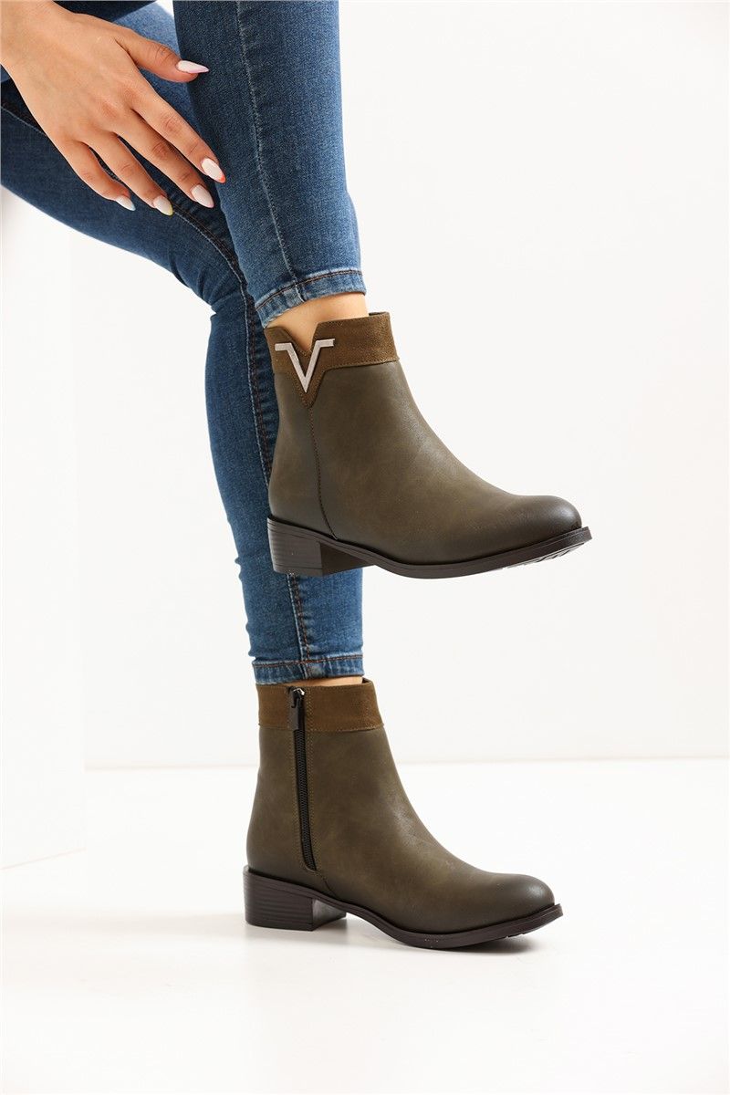 Women's Zip Up Ankle Boots 2855 - Khaki #360236