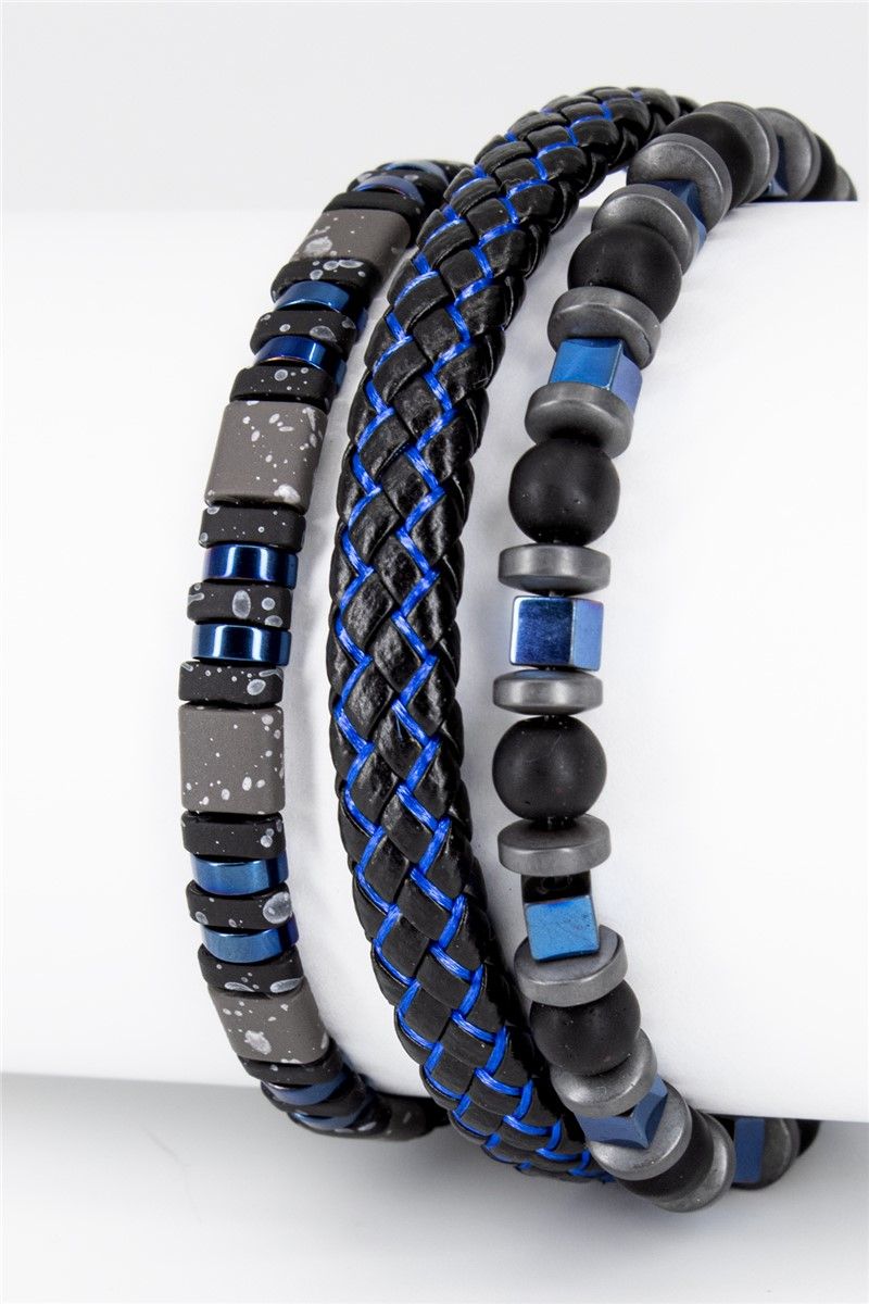 Men's Natural Stone & Genuine Leather Bracelet Set EYY1141- Black-Blue #366387
