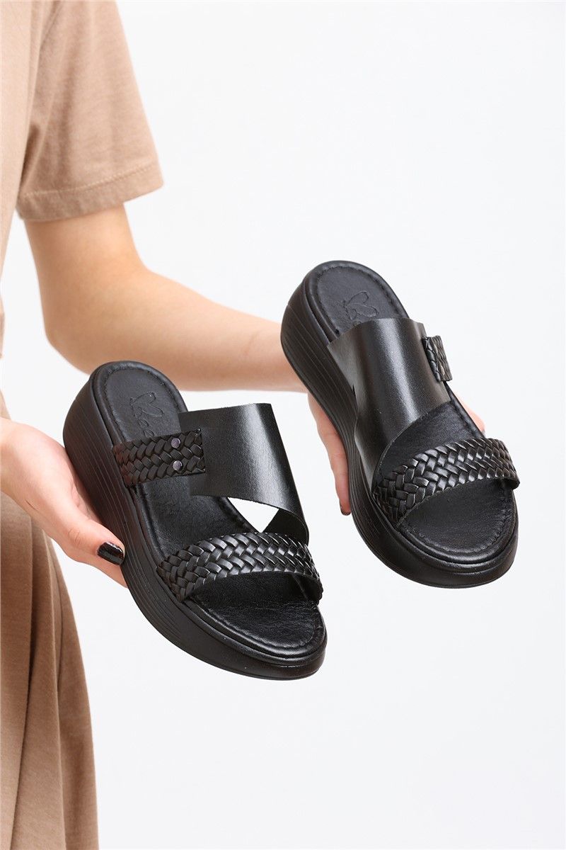 Ladies Genuine Leather Slippers BY167A - Black #371830