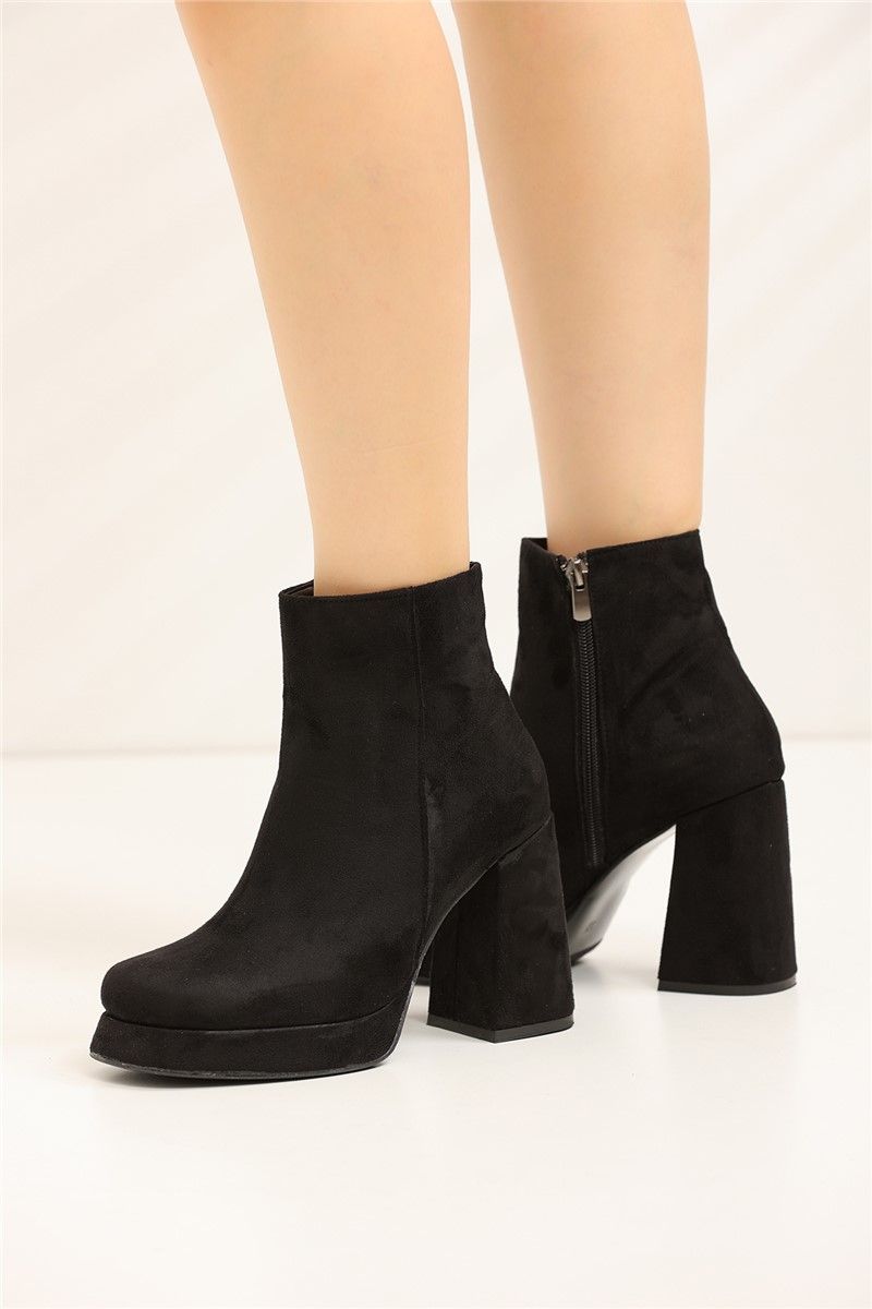 Women's Suede Heeled Boots 2593 - Black #360172