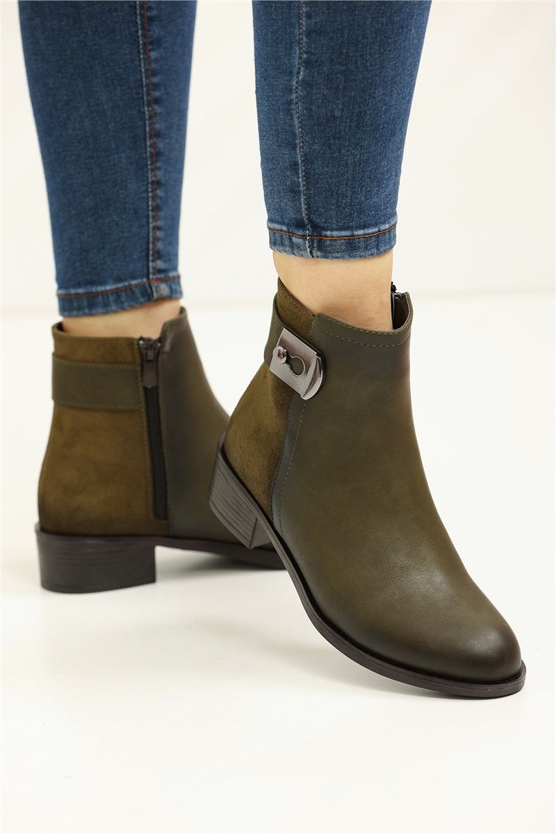 Women's Zip Up Buckle Boots 2854 - Khaki #360232
