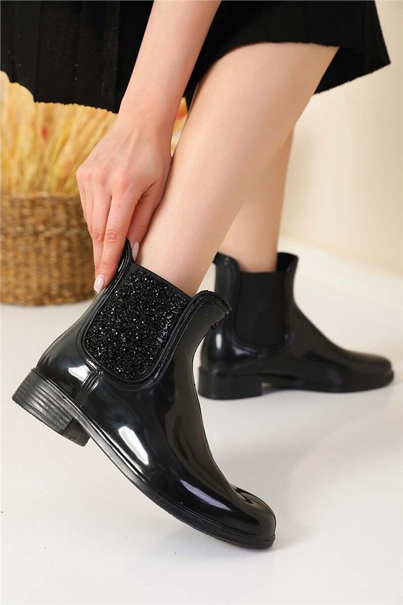 3055 Rhinestone Side Elastic Rubber Boots For Women - Black #360264