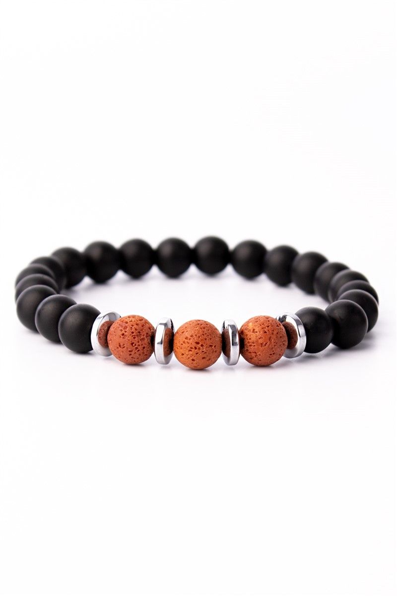 Unisex Natural Stone Bracelet - Onyx & Volcanic Stone - Black-Orange #360919