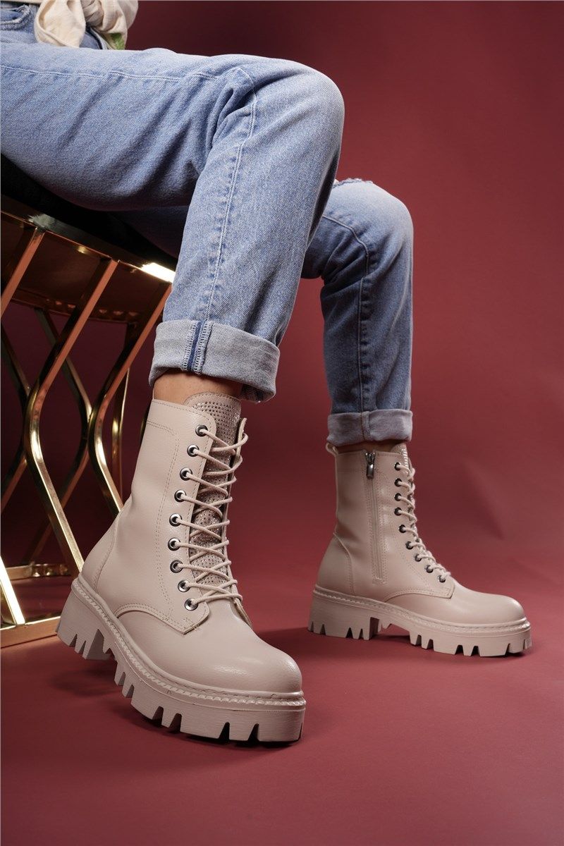 Women's Side Zip Lace Up Boots 0012480 - Beige #403365