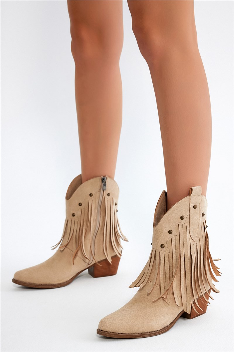 Botine de damă, din piele întoarsă, cu franjuri - bej #405480