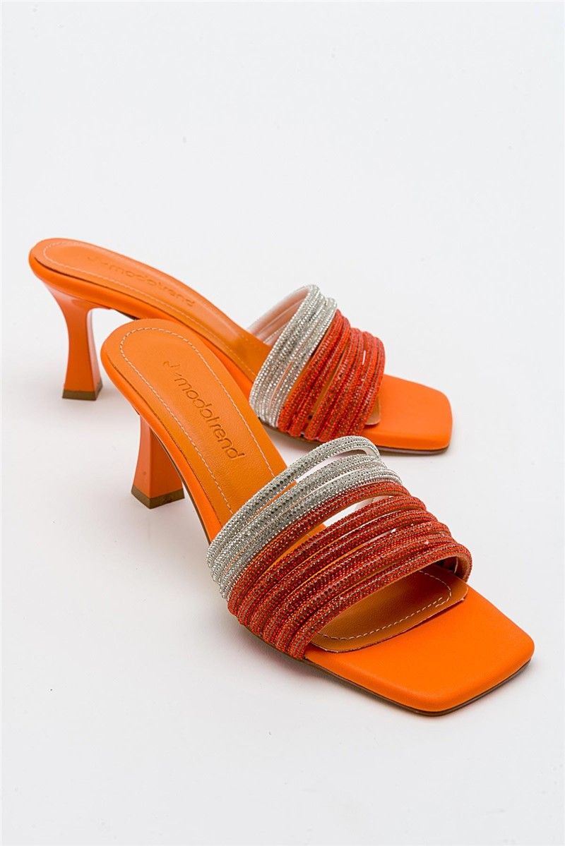 Women's slippers with decorative stones - Orange #381718