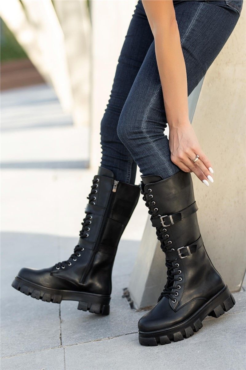Women's Lace Up Side Buckle Boots - Black #362378