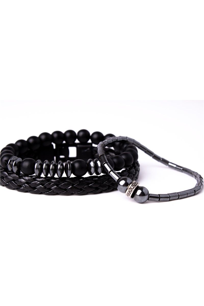 Men's Set of 3 Leather and Natural Hematite Stone Bracelets - Black with Gray #360948
