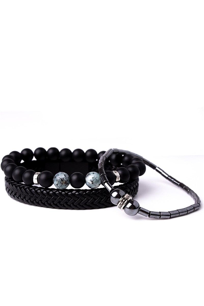 Men's Set of 3 Leather and Natural Hematite Stone Bracelets - Black with Gray #360946