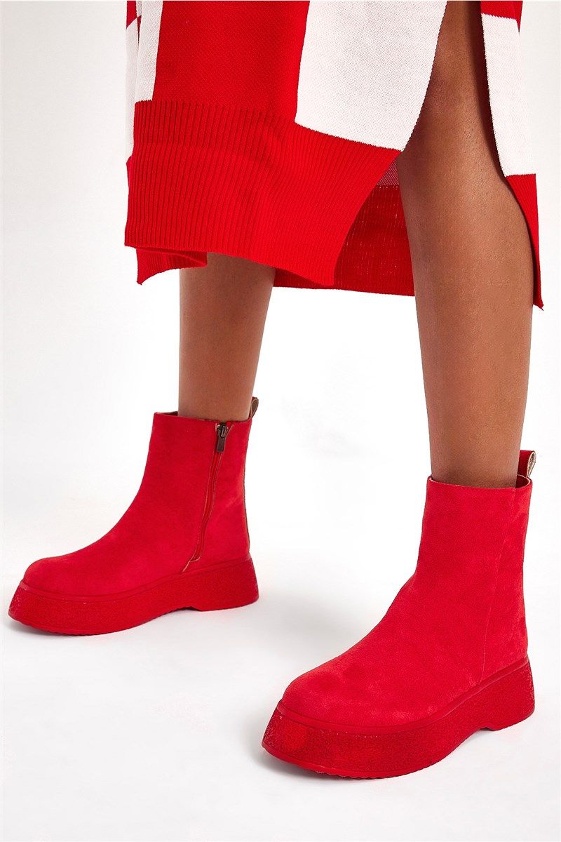 Women's Suede Zip Up Boots - Red #406834