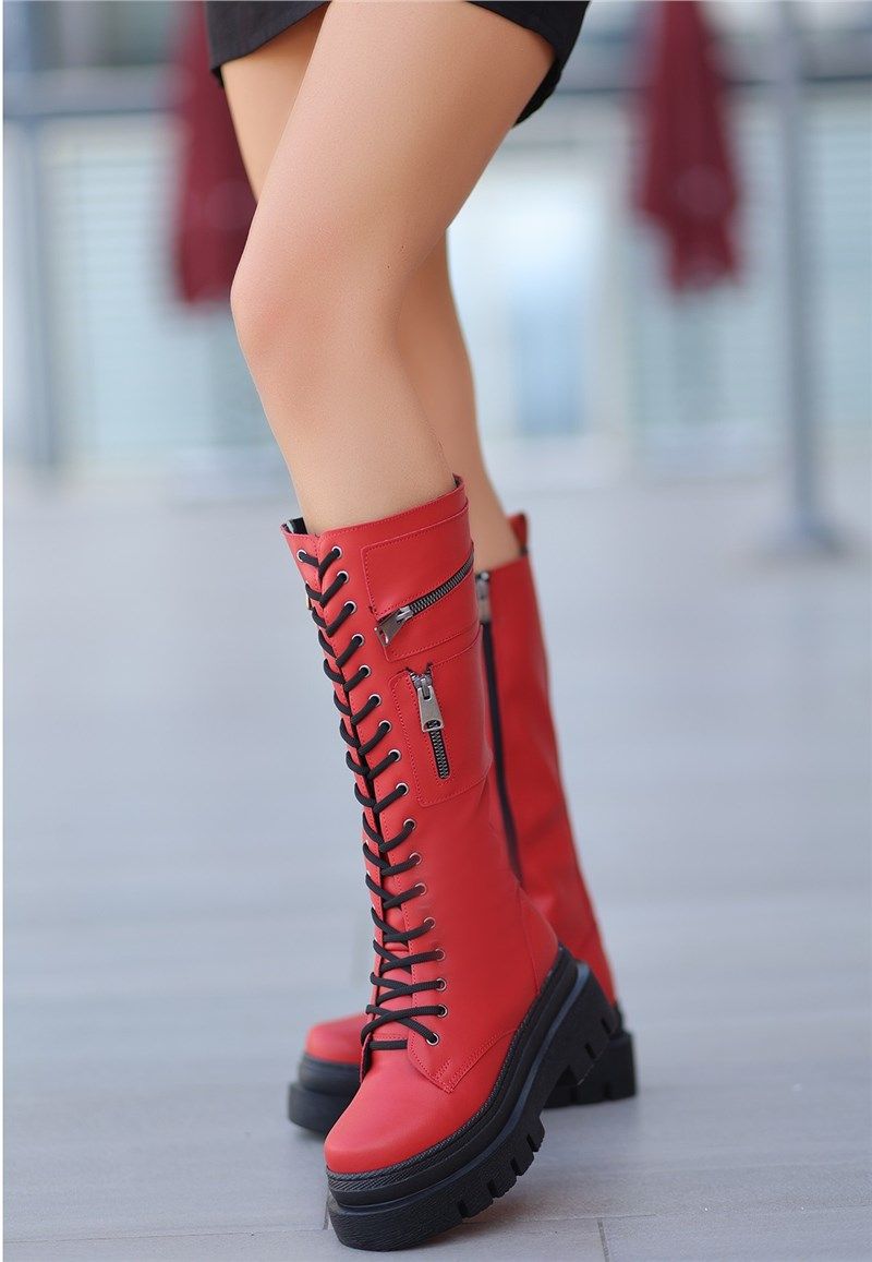 Stivali con zip e lacci da donna - Rosso #412950