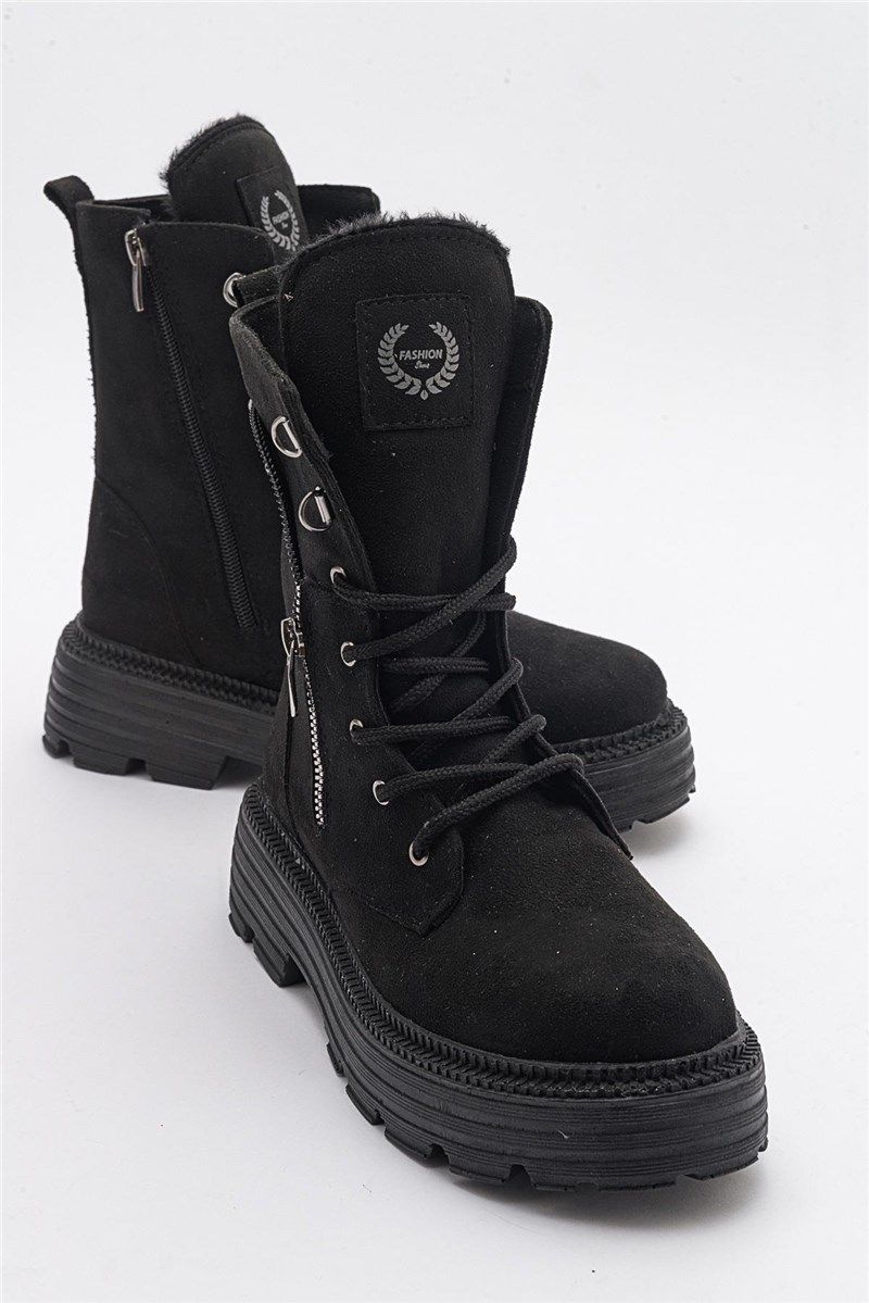 Women's Suede Boots With Decorative Side Zipper - Black #405859