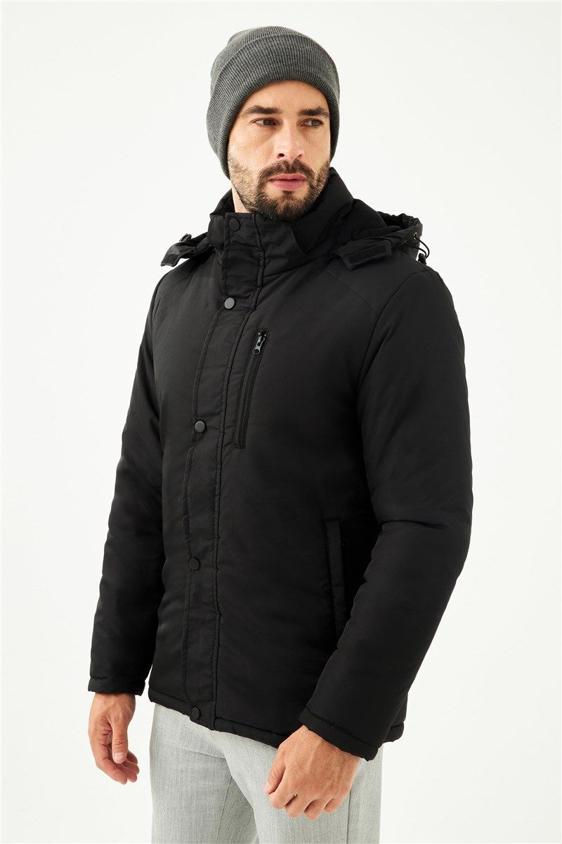 Férfi vízálló szélálló Parka kabát levehető kapucnival P-160 - fekete #408431