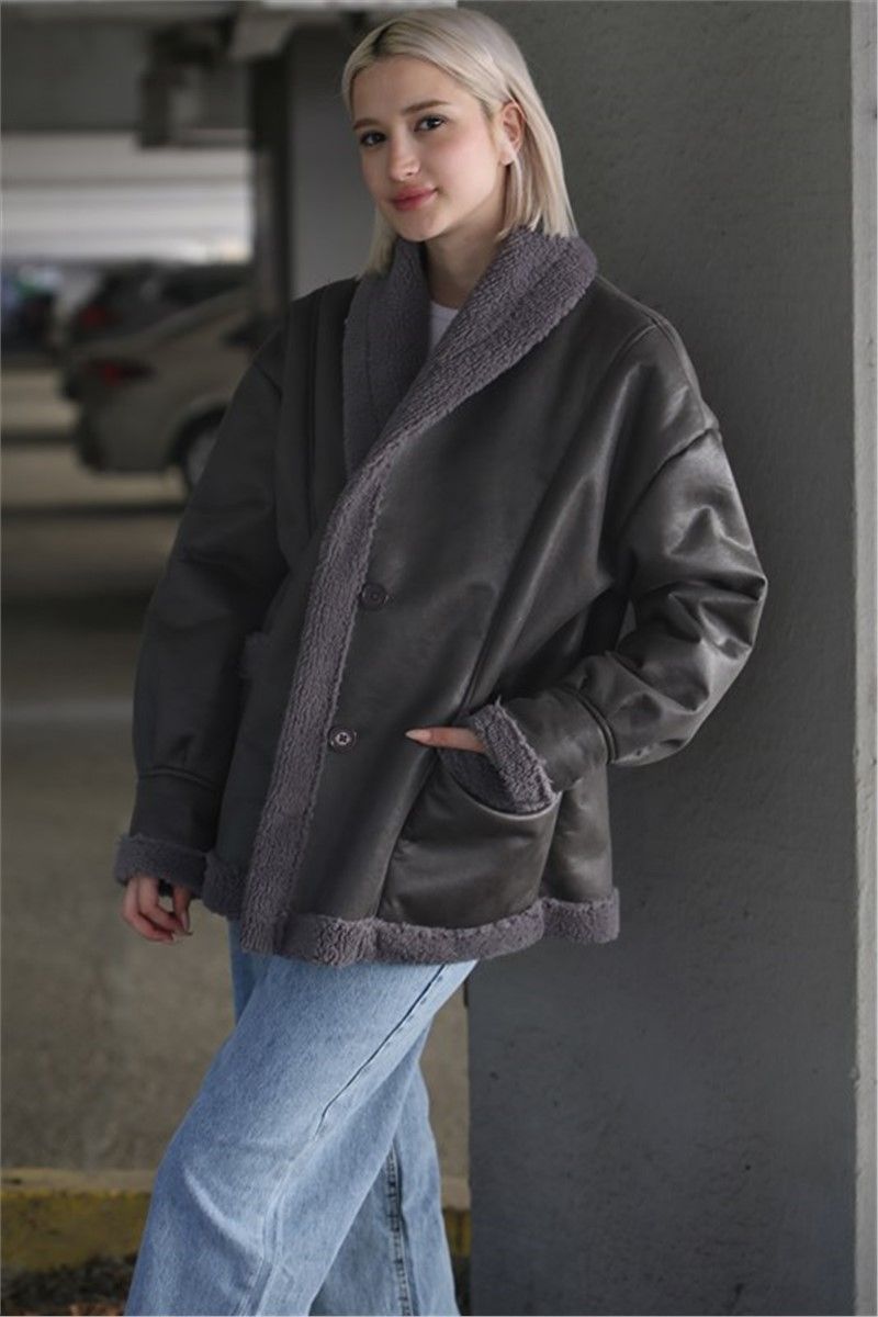 Ženska jakna sa karakul postavom MG1329 - antracit #362318