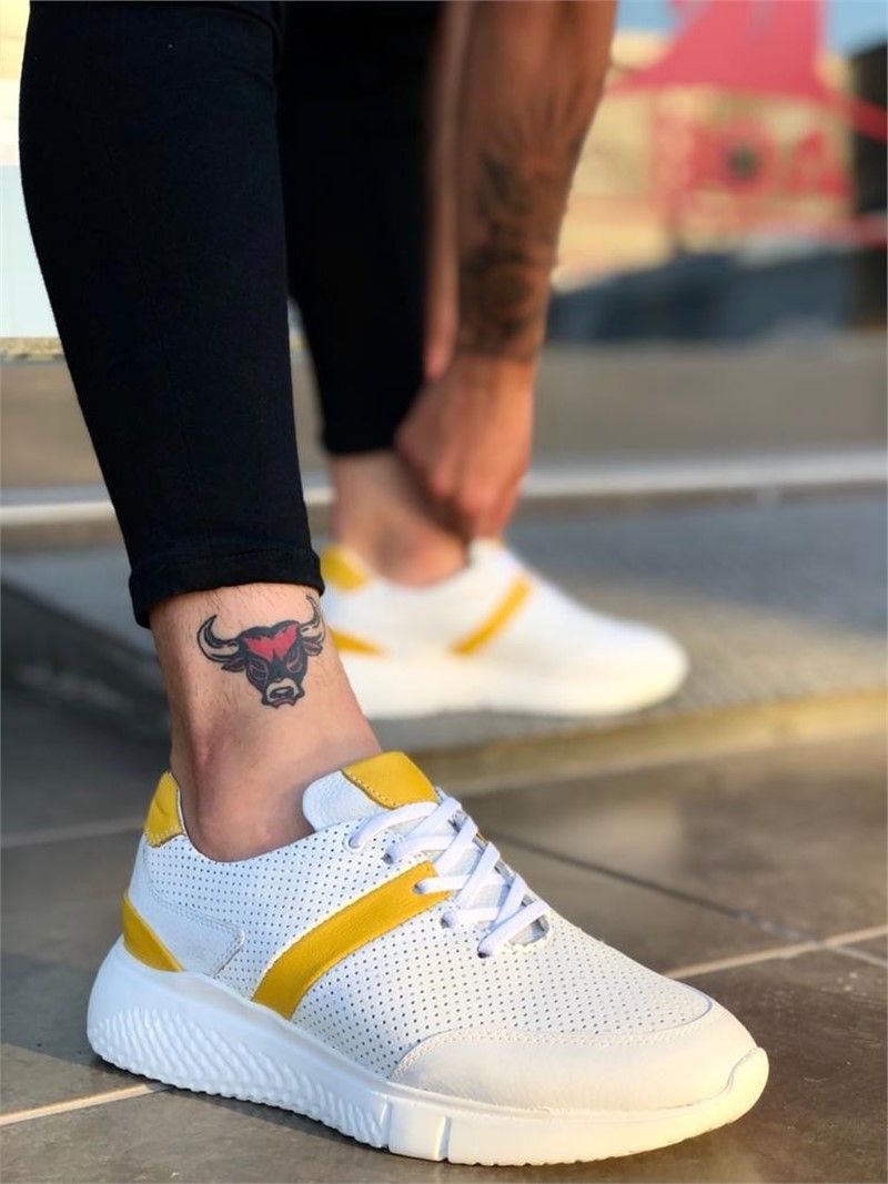 Men's sports shoes of genuine leather BA0139 - White with yellow # 322256