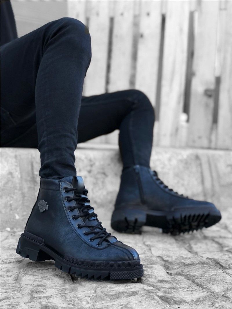 Men's Short Lace Up Zip Up Boots BA0217 - Black #362655