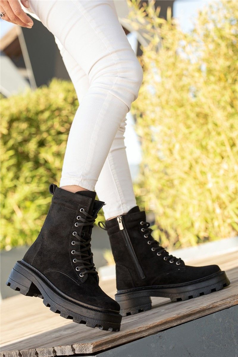 Women's Suede Lace Up Zip Up Boots - Black #361480