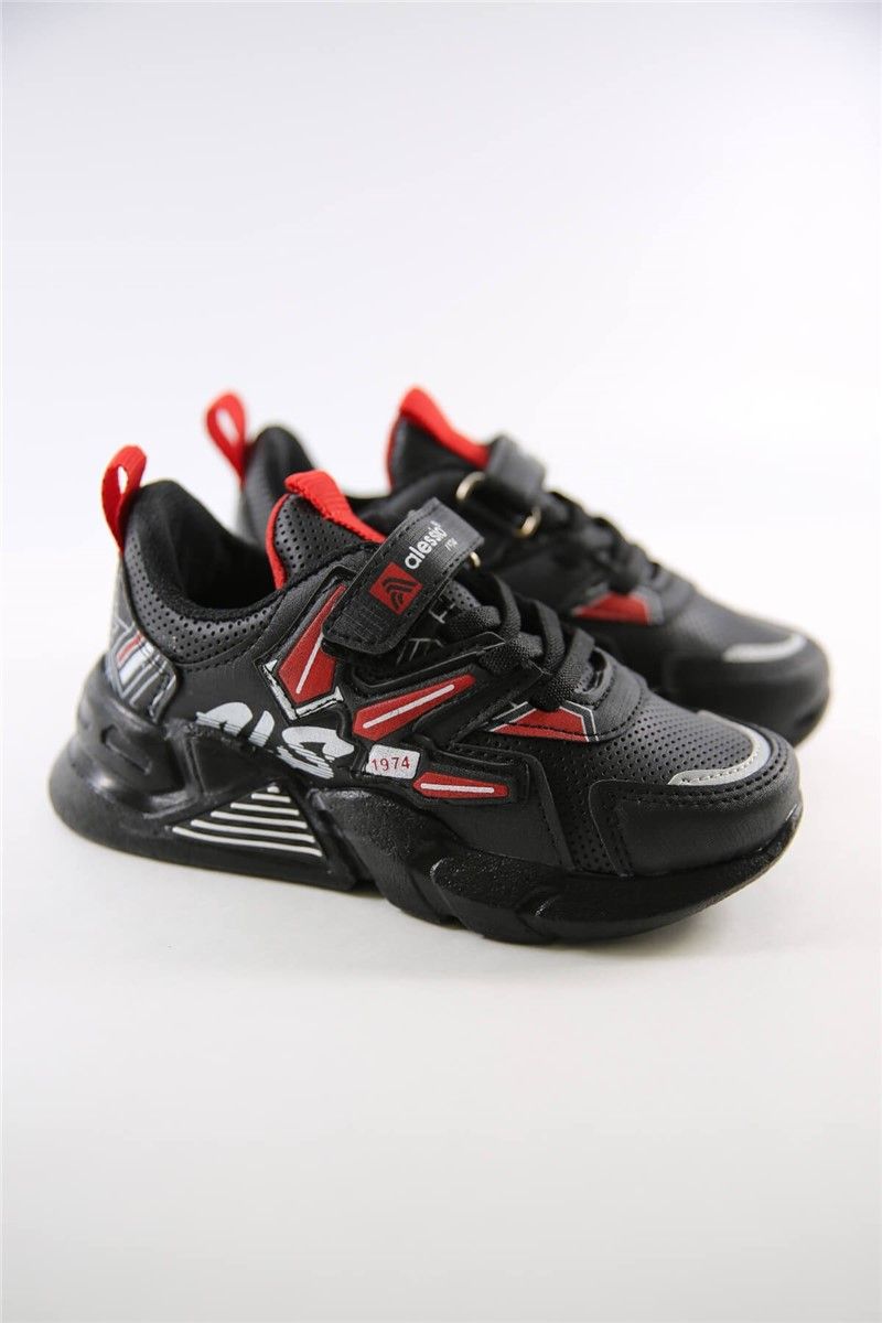 Children's Sports Shoes with Laces and Velcro Strap - Black with Red #361416