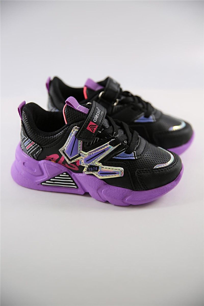 Children's Sports Shoes with Laces and Velcro Strap - Black with Purple #361413