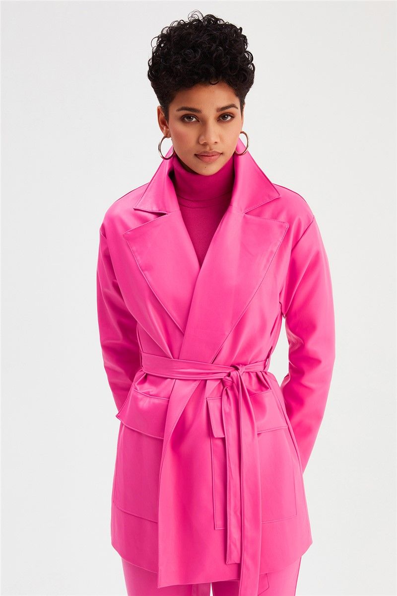 Ženska kožna jakna s remenom - Bright Pink #364489