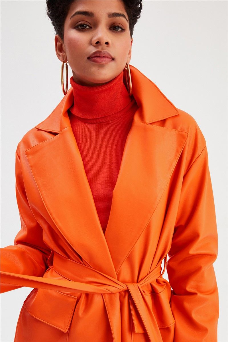 Ženska kožna jakna s remenom - Narančasta #364492