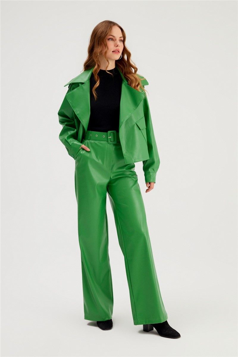 Ženske kožne hlače s remenom - zelene #365324