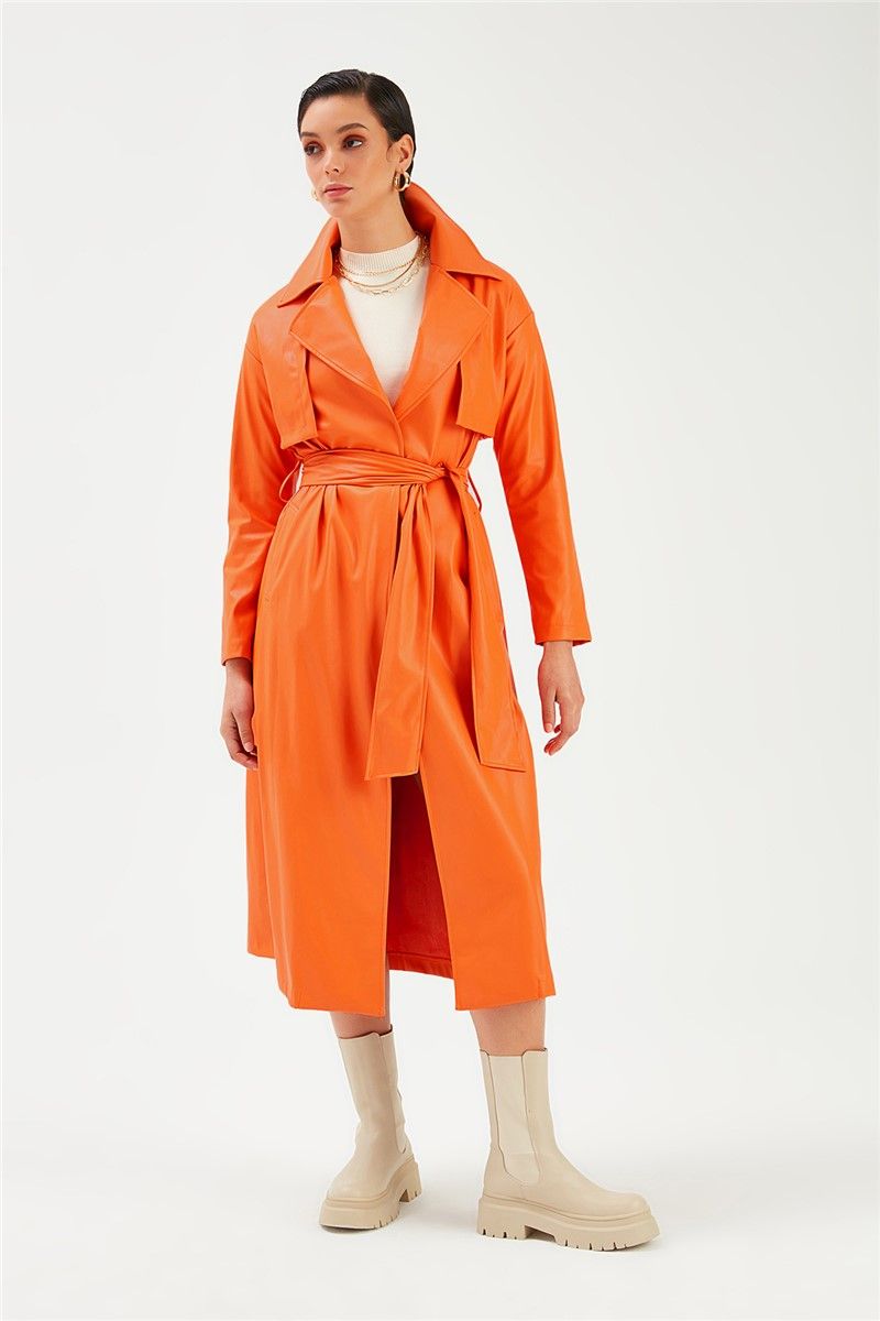 Női bőr kabát övvel - narancssárga #364456