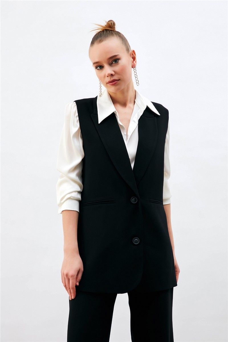 Women's Vest with Slit Pockets and Lapel Collar - Black #369400