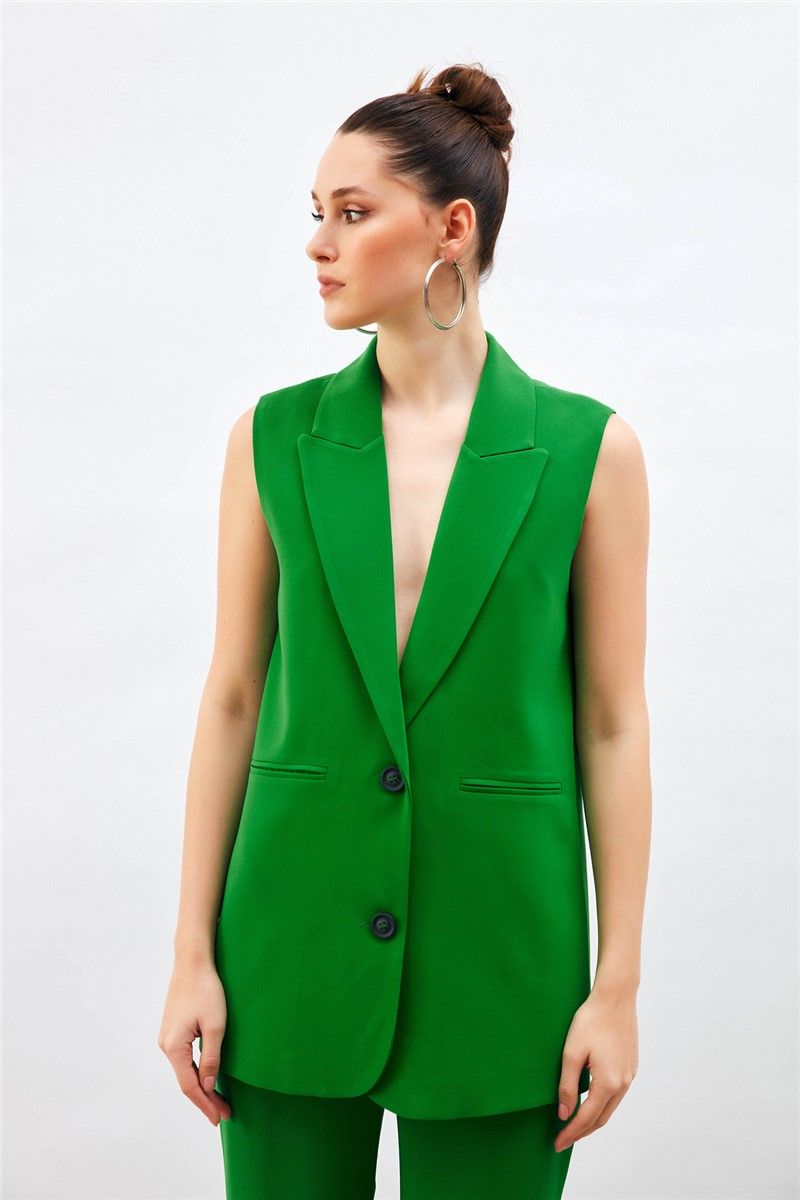 Women's Loose Vest with Lapel Collar and Slit Pockets - Green #369403