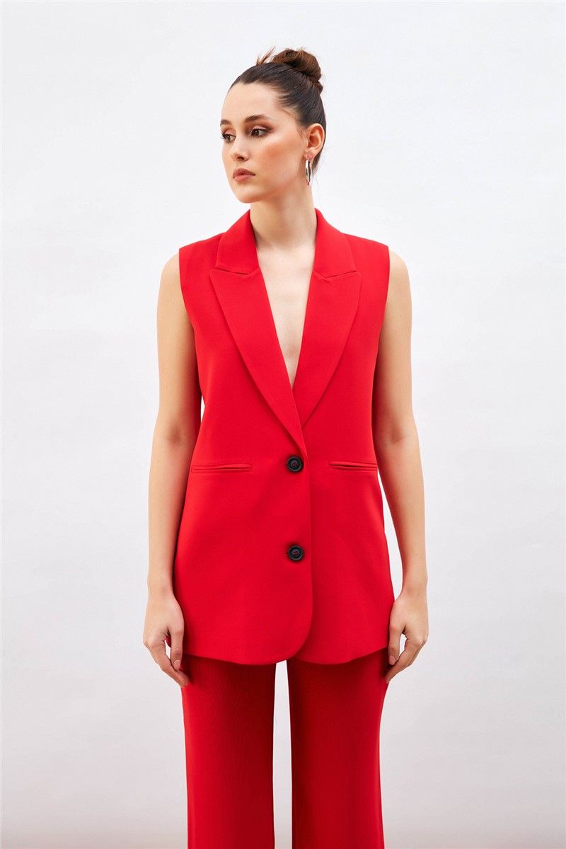 Women's Vest with Slit Pockets and Lapel Collar - Red #369402