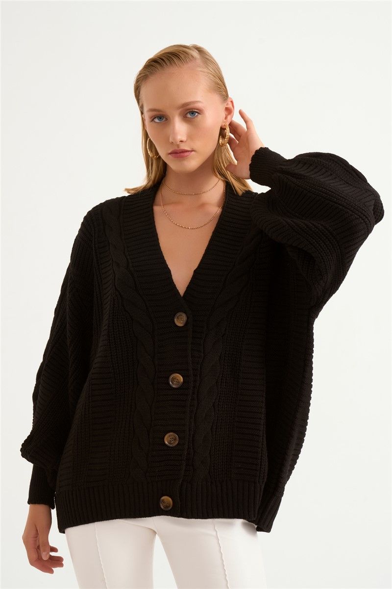 Sateen Women's Buttoned Knitted Loose Cardigan - Black #319488