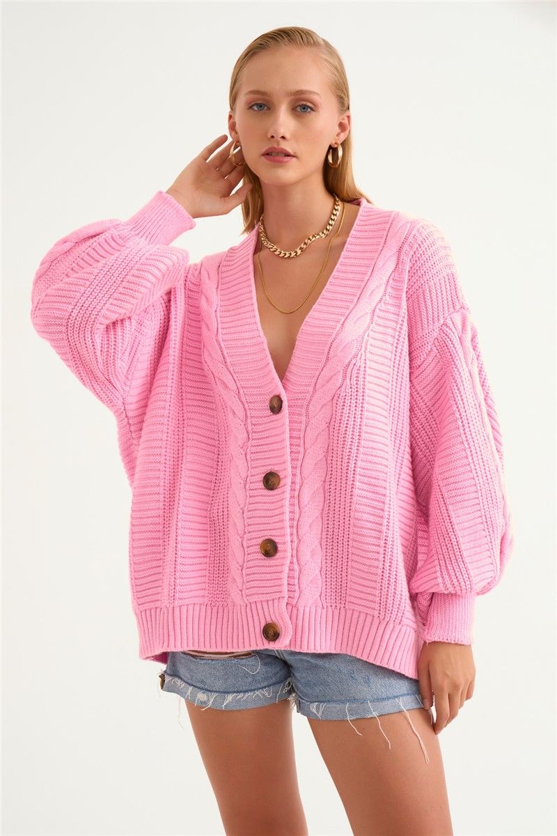 Sateen Women's Buttoned Knitted Loose Cardigan - Pink #319490