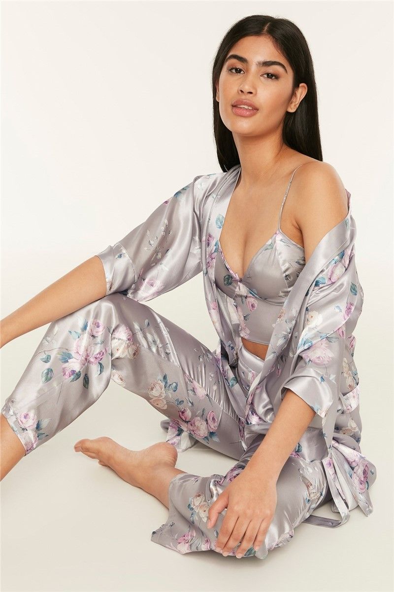 Women's 3 Piece Satin Pajamas 045 - Gray #362565