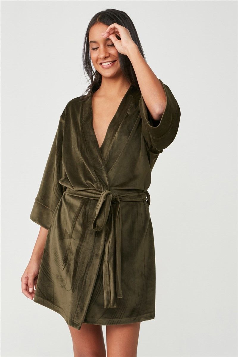 Women's Short Velvet Robe 9077 - Khaki #364942