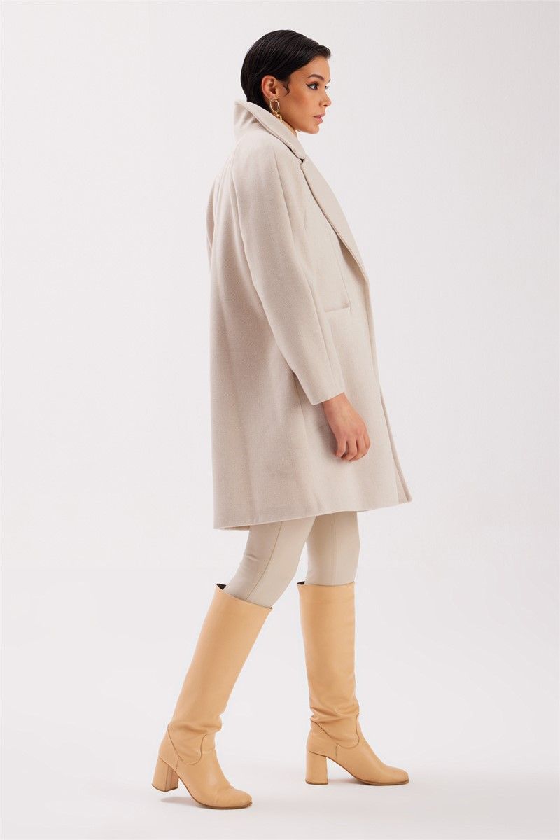 Women's Coat with Outer Pockets - Light Beige #363509