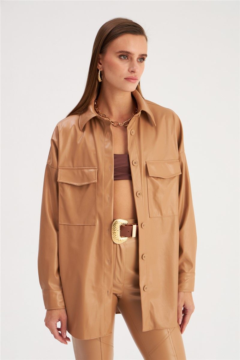 Women's Leather Shirt with Outer Pockets - Beige #363455