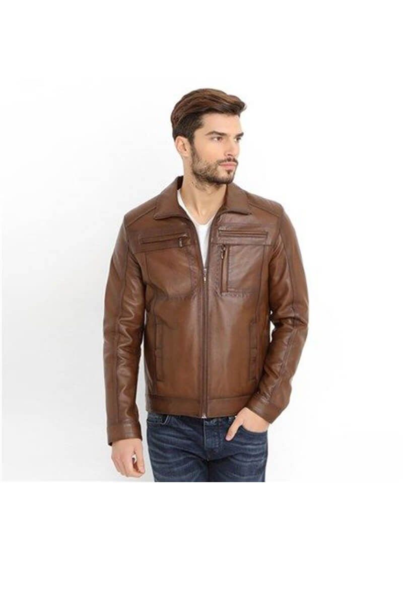 Men's Genuine Leather Jacket PC1349 - Light Brown #362064
