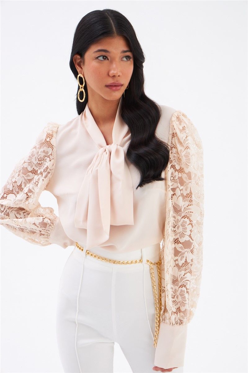 Women's blouse with lace sleeves - Beige #331750